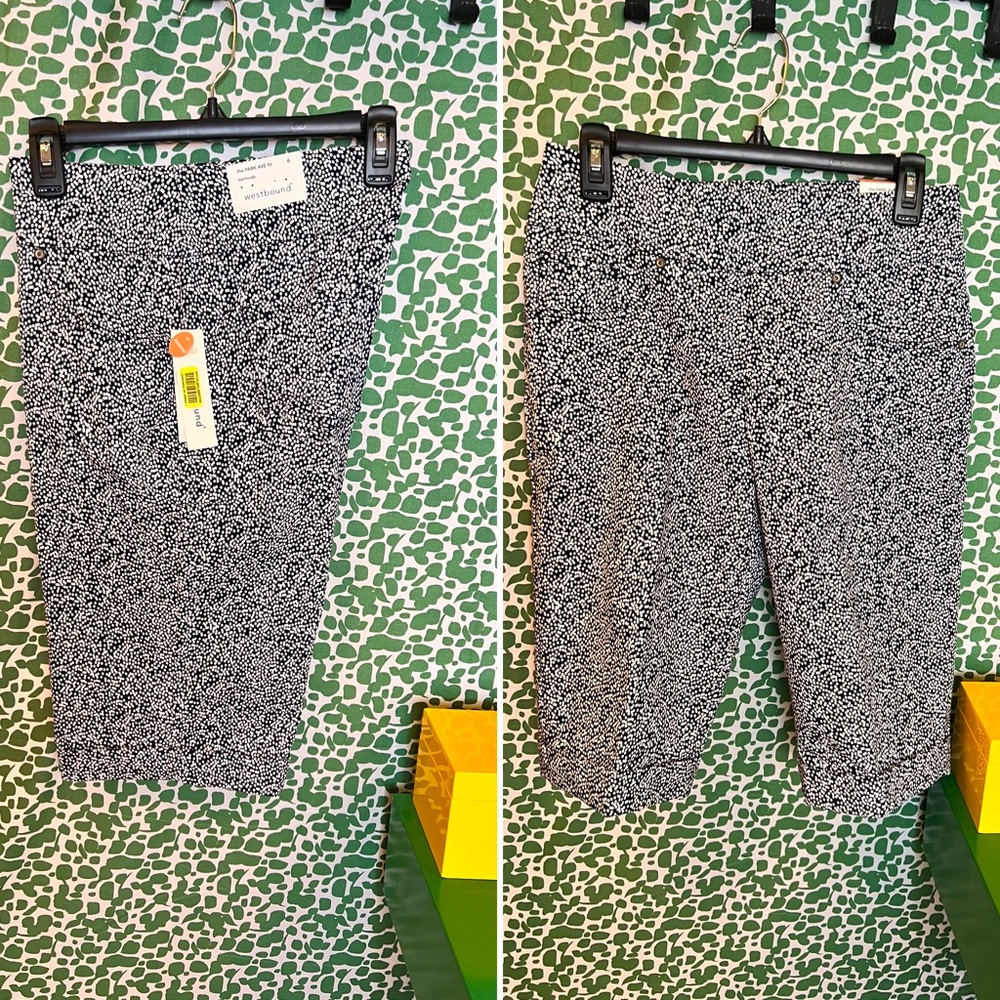 NWT Westbound Shorts, Size 6, to the knee length w/a pretty navy&white pattern!